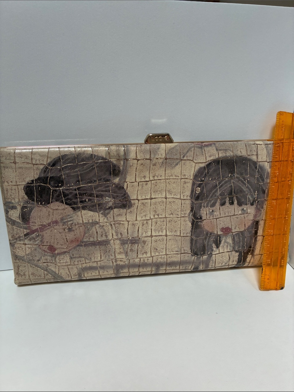 Lodis Beige Gray Croc-Texture Wallet with Cartoon Faces